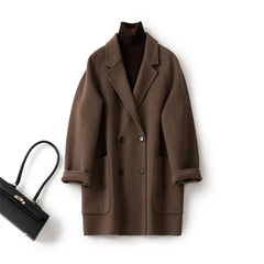 Brown double-breasted wool coat for women by Christine Brewer, featuring a stylish tailored fit and classic design.