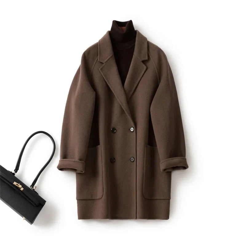 Brown double-breasted wool coat for women by Christine Brewer, featuring a stylish tailored fit and classic design.