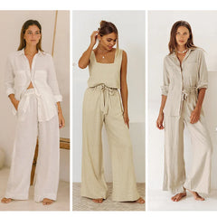 Women’s linen wide-leg trousers by Christine Brewer, loose pull-on pants with flowing, relaxed fit and lightweight fabric.