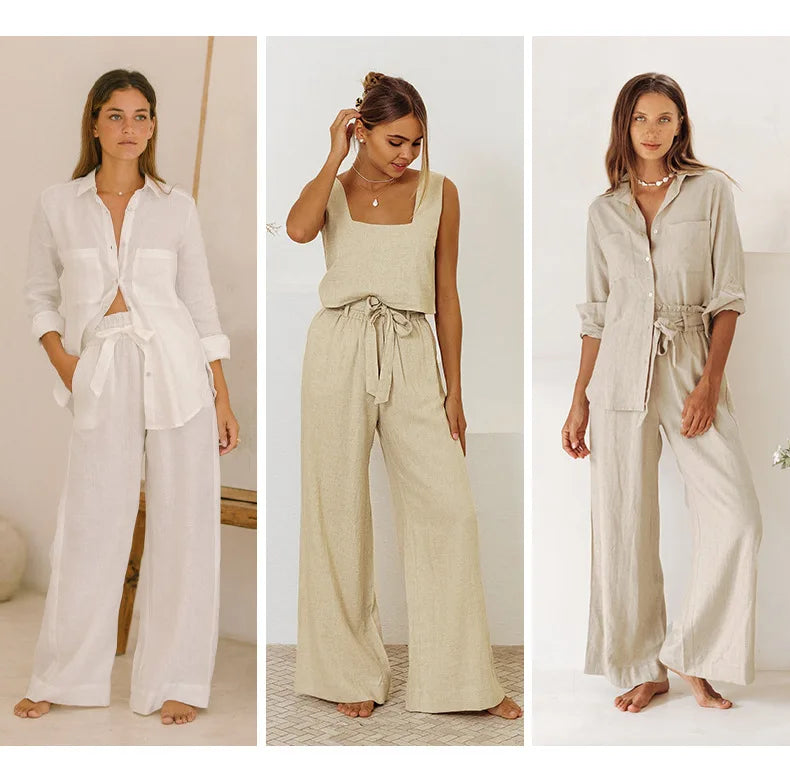 Women’s linen wide-leg trousers by Christine Brewer, loose pull-on pants with flowing, relaxed fit and lightweight fabric.