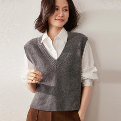 Cashmere ribbed knit sweater vest for women by Christine Brewer, featuring a cozy, stylish design in neutral tones.