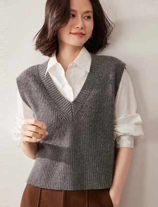 Cashmere ribbed knit sweater vest for women by Christine Brewer, featuring a cozy, stylish design in neutral tones.