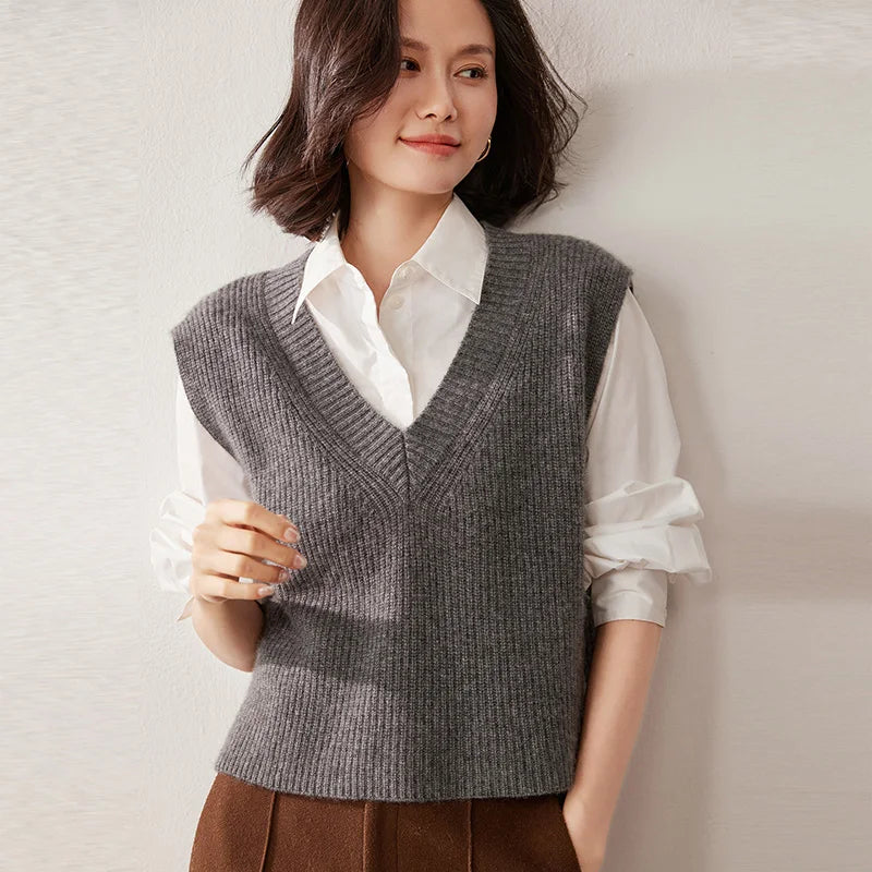 Cashmere ribbed knit sweater vest for women by Christine Brewer, featuring a cozy, stylish design in neutral tones.