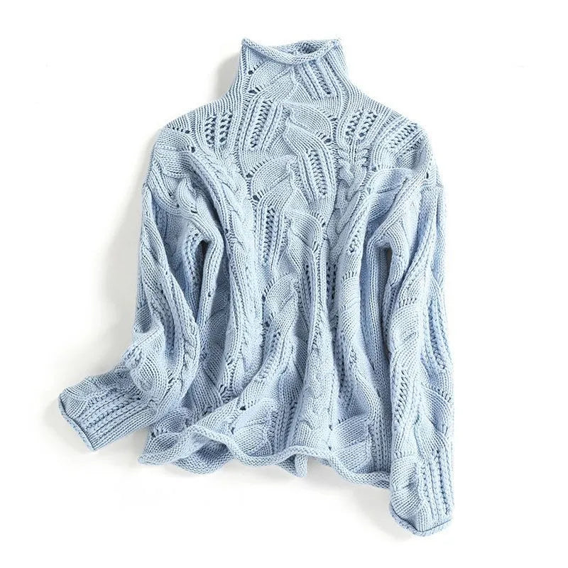 Christine Brewer Marnie knit sweater for women, cozy wool sweater with a textured pattern and ribbed cuffs, in a neutral color.