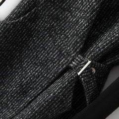 Longline tweed coat for women with belt, by Christine Brewer, featuring a classic textured tweed fabric and tailored fit.
