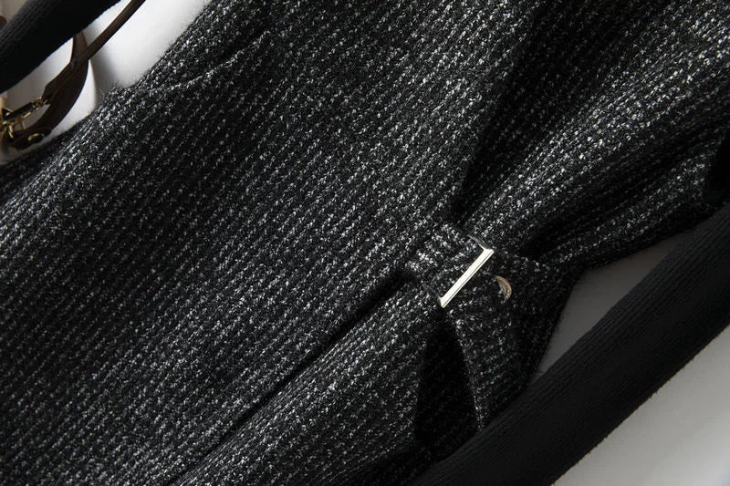 Longline tweed coat for women with belt, by Christine Brewer, featuring a classic textured tweed fabric and tailored fit.