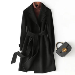 Olivia long belted wool coat for women by Christine Brewer, shown in a stylish, tailored design with a belt and classic silhouette.