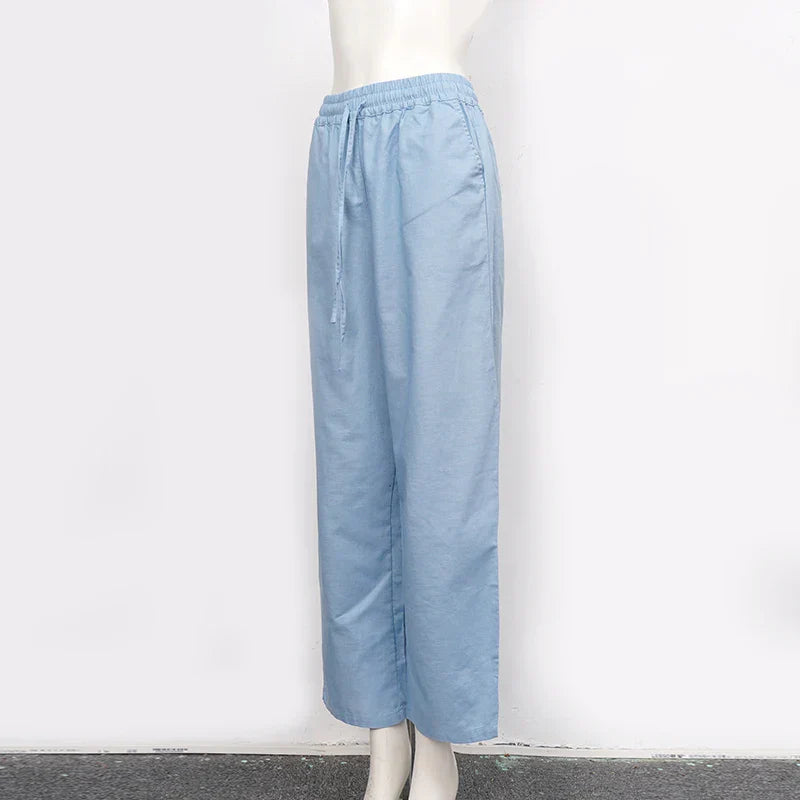 Women's cotton linen wide-leg drawstring trousers by Christine Brewer, loose pull-on pants with relaxed fit and comfortable style.