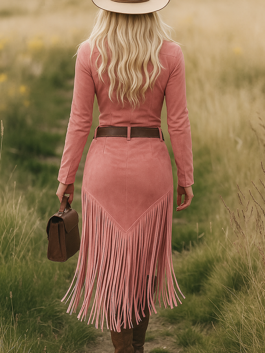 Christine Brewer tassel midi dress, casual dress with flowing fabric and tassel details, shown on a model.