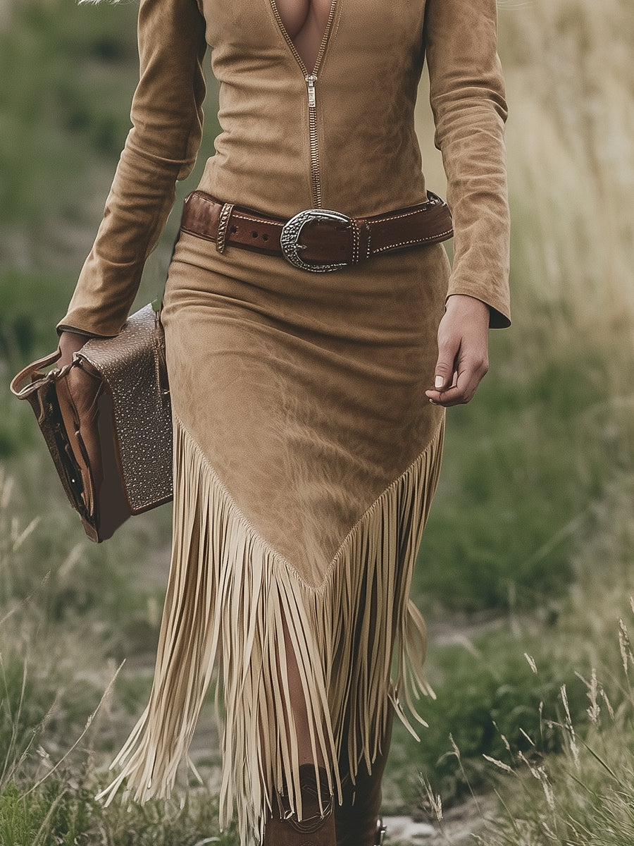 Christine Brewer tassel midi casual dress featuring flowing fabric and tassel details, perfect for a stylish, relaxed look.