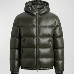 Unisex black puffer jacket by Christine Brewer, featuring a cozy, insulated design perfect for cold weather.