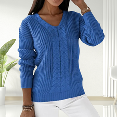 Christine Brewer Morgan V-Neck Sweater for Women, soft knit, fitted design, in neutral color, displayed on a model.