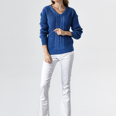 Women’s Morgan V-Neck Sweater by Christine Brewer, soft knit fabric, fitted style, in a neutral color, shown on a model.