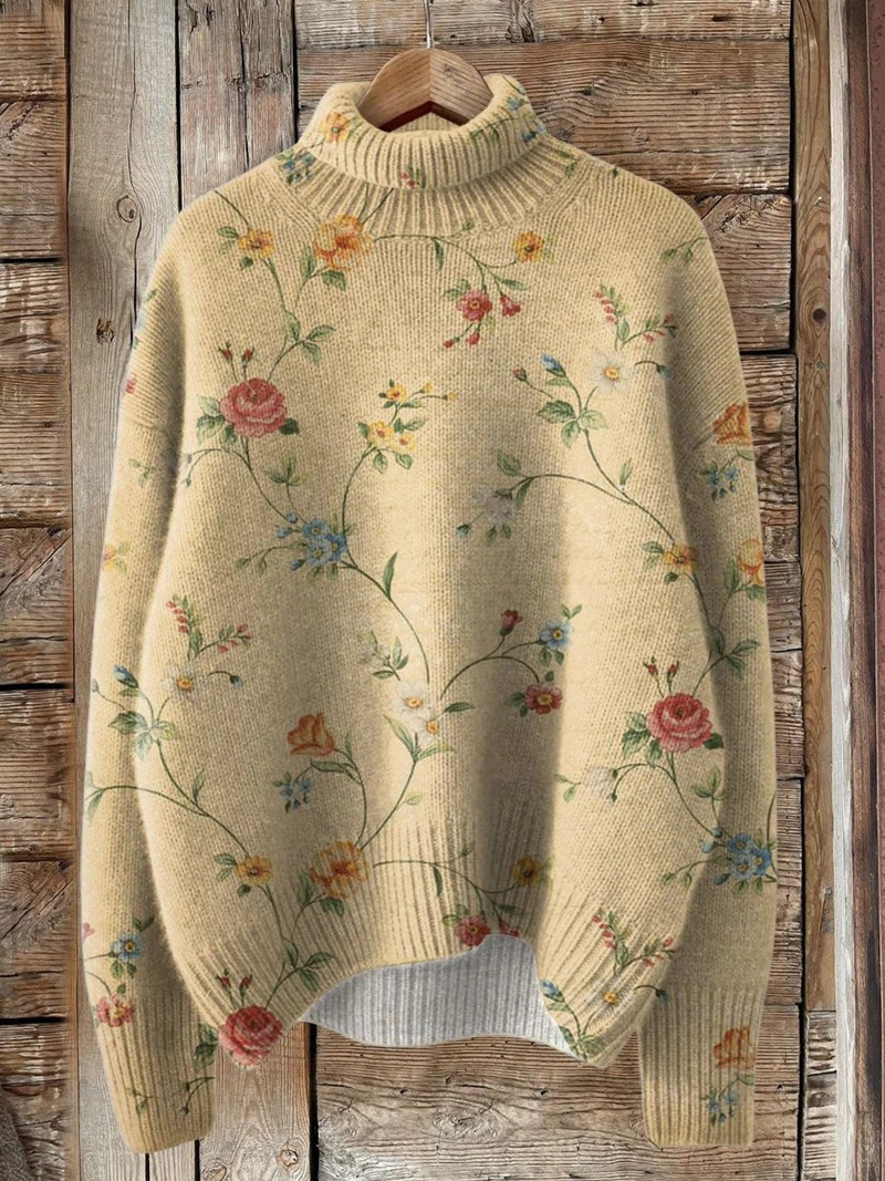 Women’s floral graphic sweater by Christine Brewer, featuring vibrant floral print and cozy knit fabric.