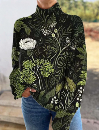 Rosie women's floral turtleneck sweater by Christine Brewer, featuring colorful flower patterns and a cozy knit fabric.