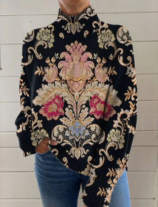 Floral graphic sweater for women by Christine Brewer featuring colorful floral patterns on a cozy knit fabric.