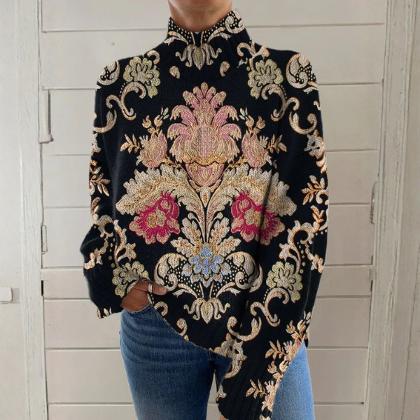 Floral graphic sweater for women by Christine Brewer featuring colorful floral patterns on a cozy knit fabric.