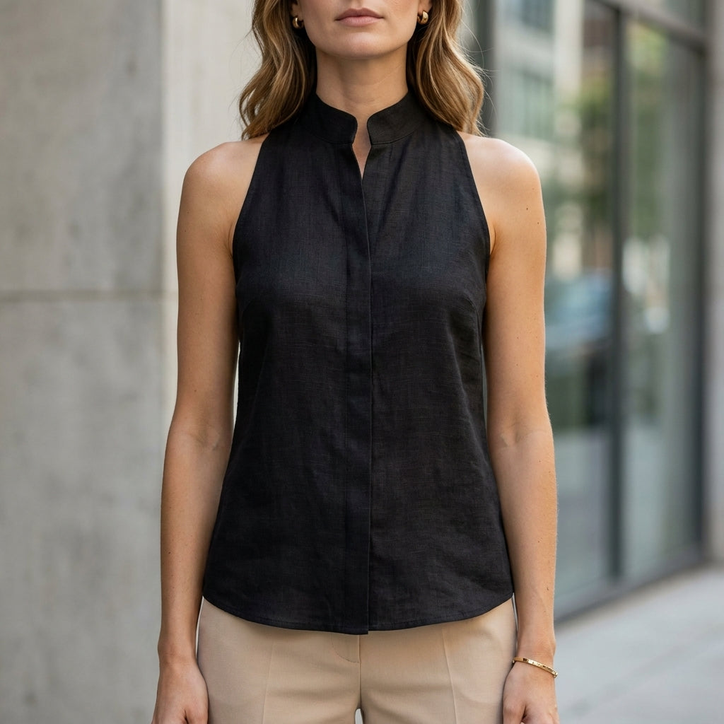 Sleeveless denim summer blouse for women by Christine Brewer, shown untucked, casual top for warm weather.