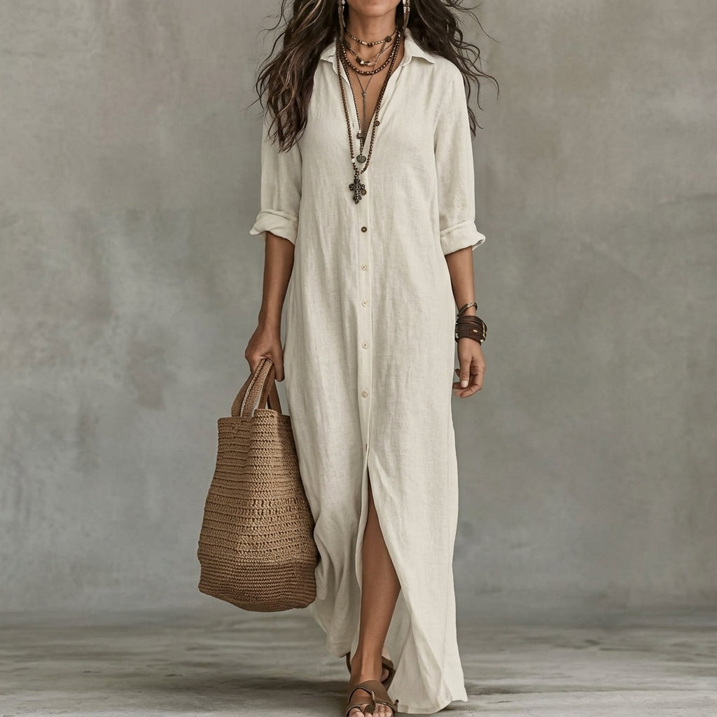 Emma | Wedding Guest Dress Midi Dress Shirtdress Women Long Sleeve Button Front A-Line Pockets