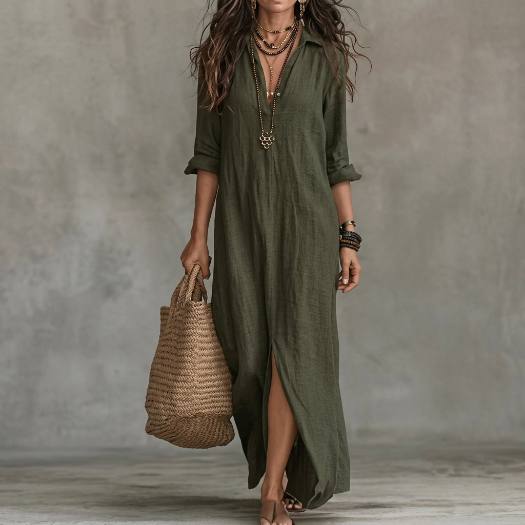 Emma | Wedding Guest Dress Midi Dress Shirtdress Women Long Sleeve Button Front A-Line Pockets