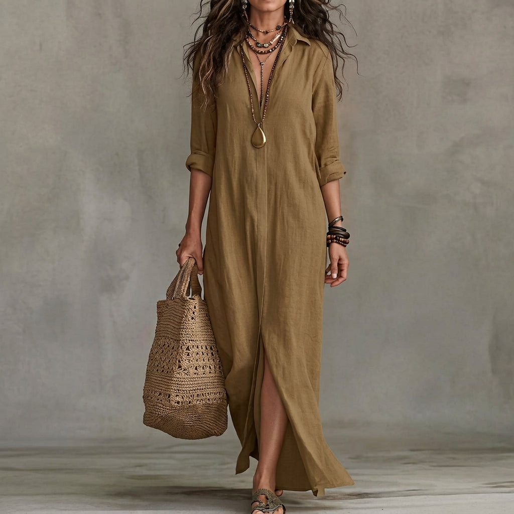 Emma | Wedding Guest Dress Midi Dress Shirtdress Women Long Sleeve Button Front A-Line Pockets