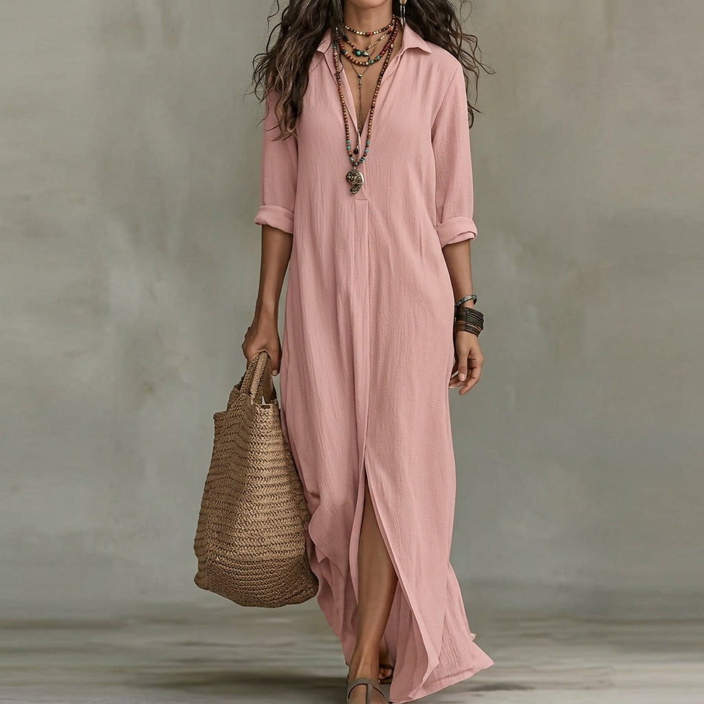 Emma | Wedding Guest Dress Midi Dress Shirtdress Women Long Sleeve Button Front A-Line Pockets