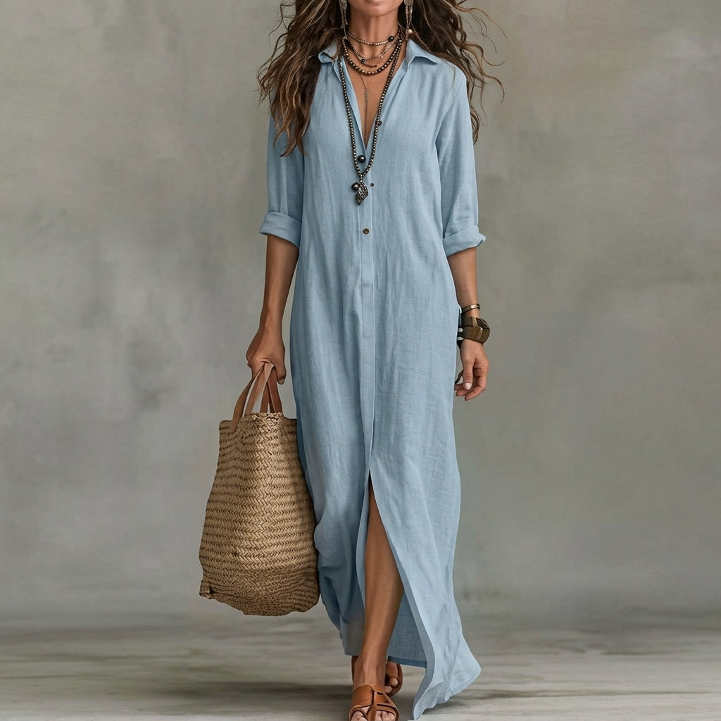 Emma | Wedding Guest Dress Midi Dress Shirtdress Women Long Sleeve Button Front A-Line Pockets