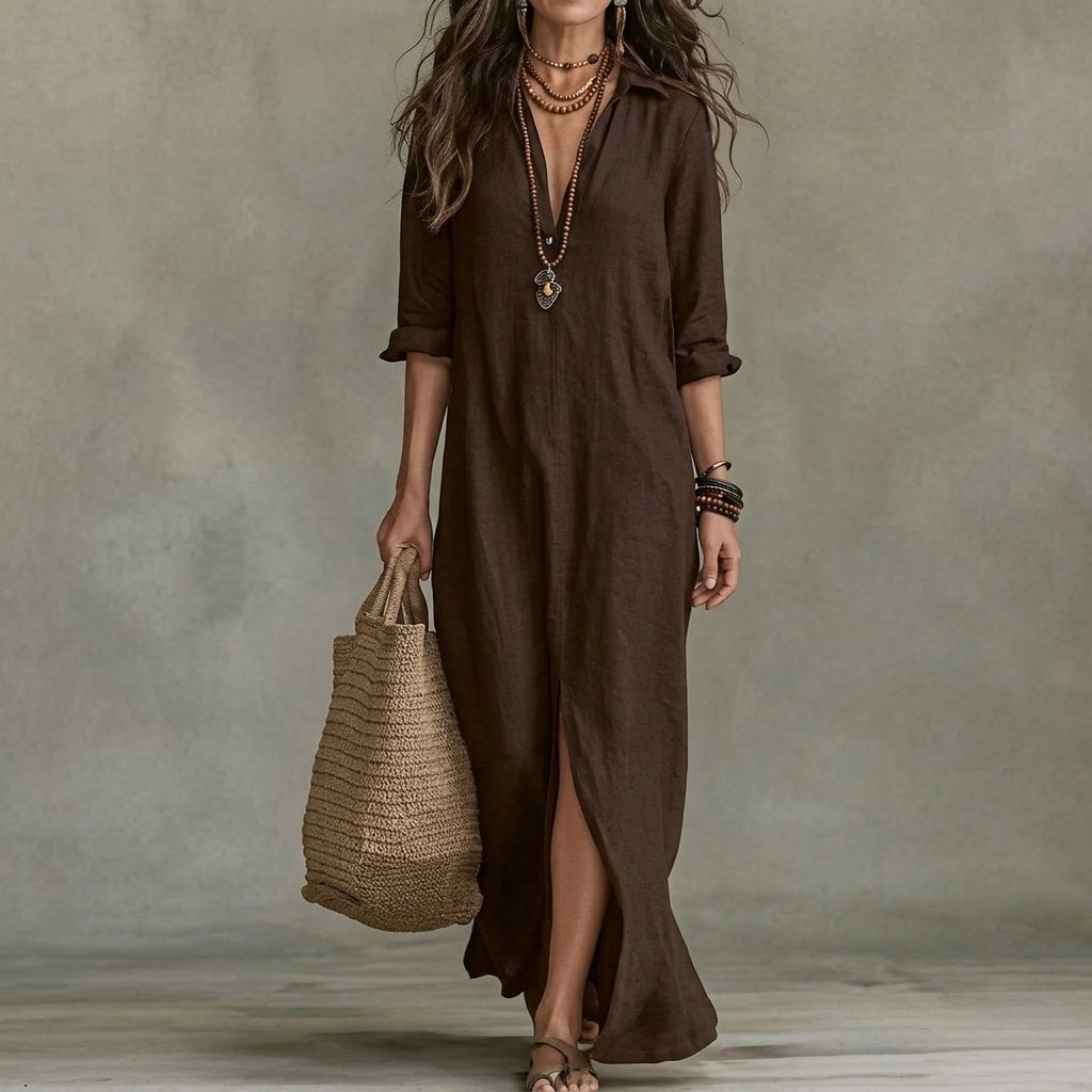 Emma | Wedding Guest Dress Midi Dress Shirtdress Women Long Sleeve Button Front A-Line Pockets