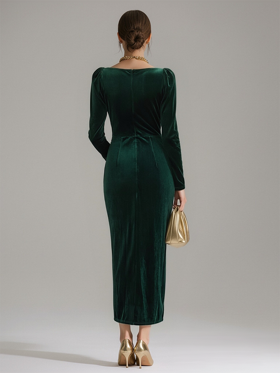 Velvet midi evening dress by Christine Brewer featuring a fitted silhouette and elegant design, perfect for formal occasions.