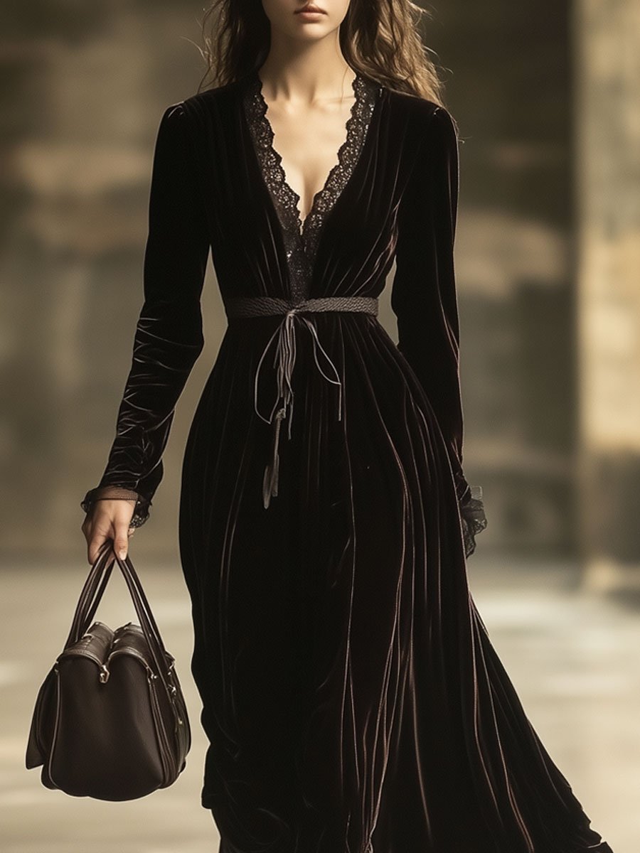 Velvet V-neck maxi dress by Christine Brewer, elegant evening dress in deep velvet fabric, with a flowing silhouette and V-shaped neckline.