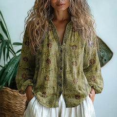 Vert graphic blouse for women by Christine Brewer, stylish top with vibrant print, perfect for casual or office wear.