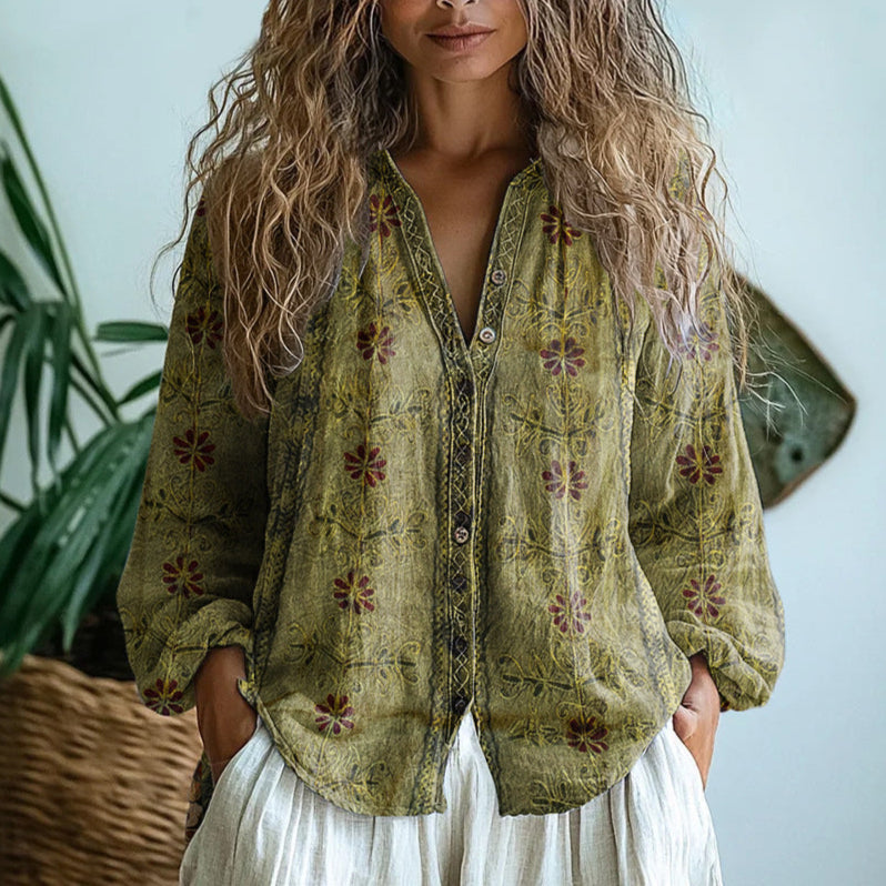 Vert graphic blouse for women by Christine Brewer, stylish top with vibrant print, perfect for casual or office wear.