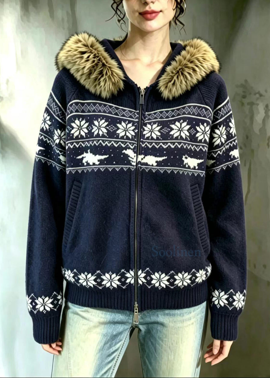 Wilma | Women's Christmas Sweater Navy Nordic Fair Isle Hooded Warm Holiday Knit