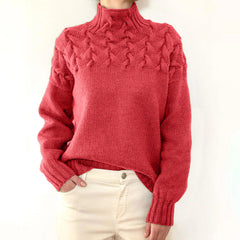 Pink watermelon-colored turtleneck sweater for women by Christine Brewer, featuring a cozy knit design.