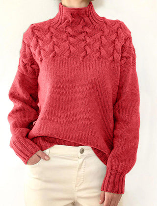 Pink watermelon-colored turtleneck sweater for women by Christine Brewer, featuring a cozy knit design.