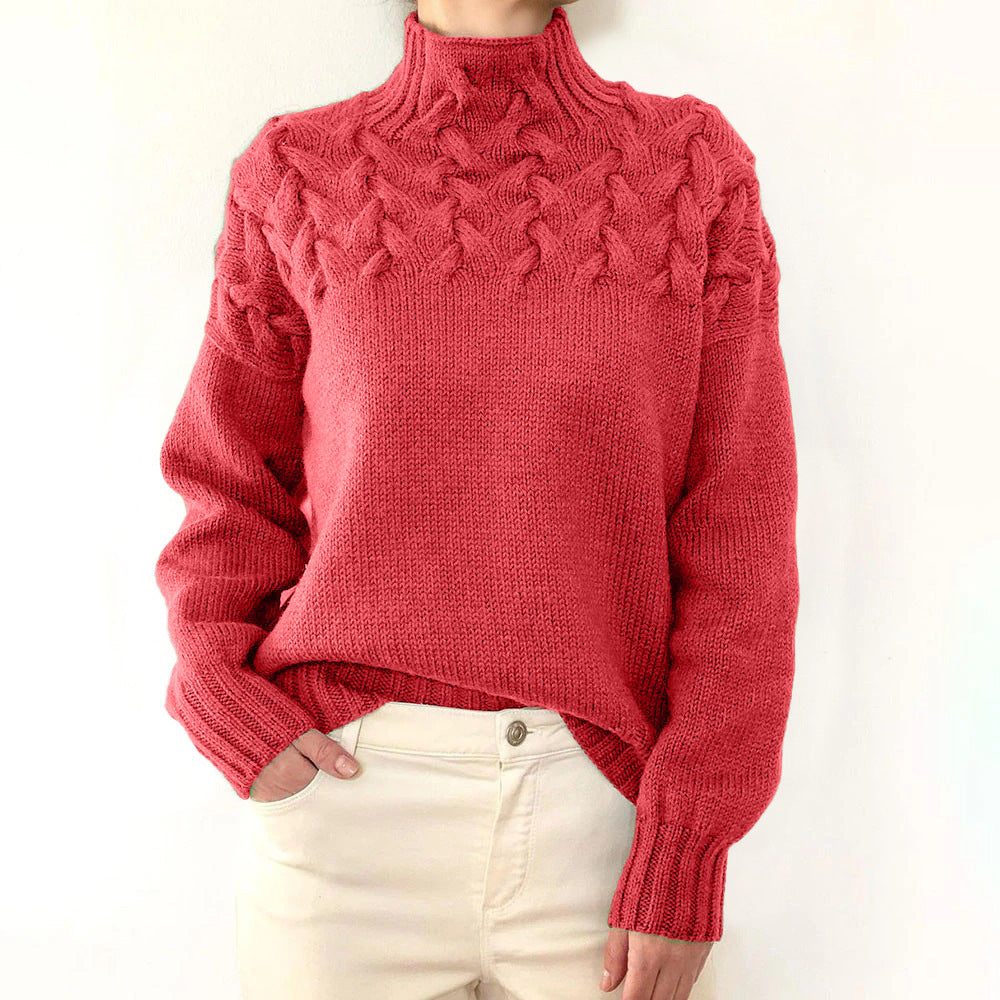 Pink watermelon-colored turtleneck sweater for women by Christine Brewer, featuring a cozy knit design.
