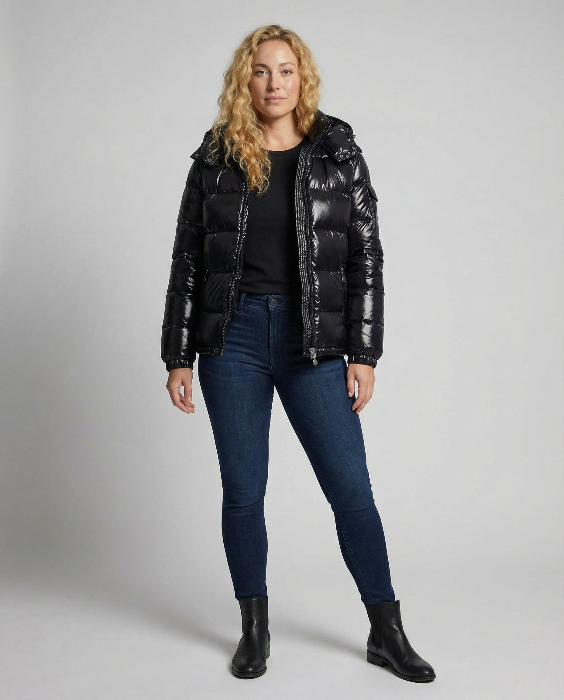 Full-body front view of Christine Brewer Naomi Cosy Puffer Jacket for women, showcasing its warm, padded design and stylish fit.
