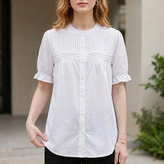 White puff sleeve denim summer blouse for women with button front, stylish and lightweight top by Christine Brewer.