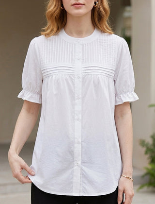 White puff sleeve denim summer blouse for women with button front, stylish and lightweight top by Christine Brewer.