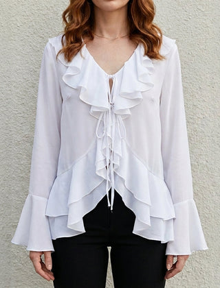 White summer blouse for women with bell sleeves, denim fabric, by Christine Brewer, stylish top for warm weather.