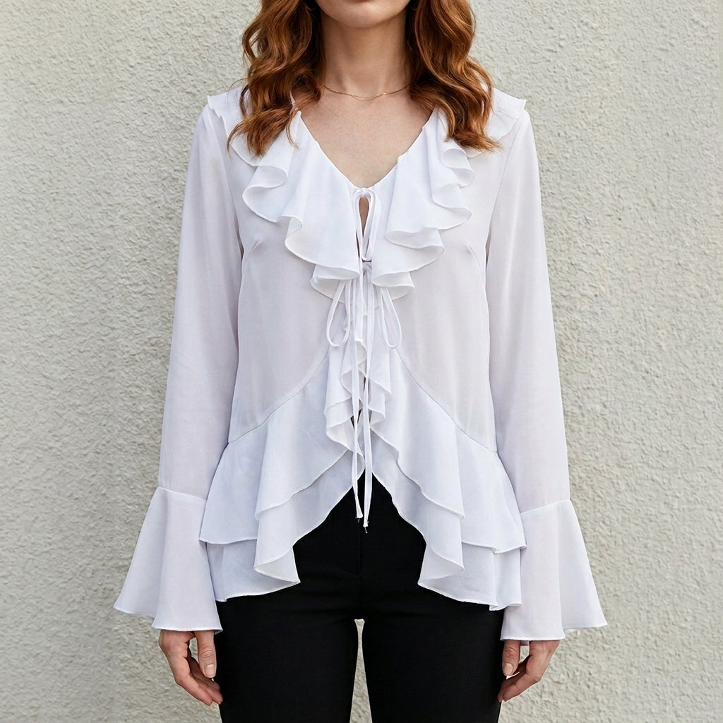 White summer blouse for women with bell sleeves, denim fabric, by Christine Brewer, stylish top for warm weather.