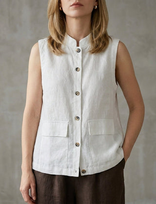 White sleeveless denim summer blouse for women with button front, stylish top by Christine Brewer.
