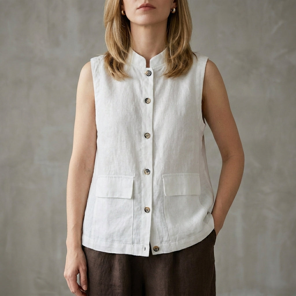 White sleeveless denim summer blouse for women with button front, stylish top by Christine Brewer.