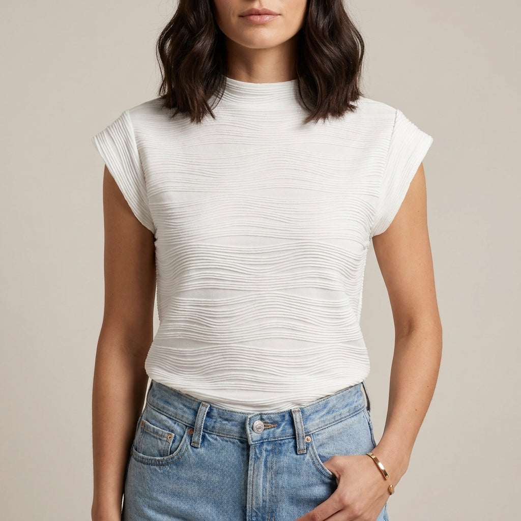 White high neck cap sleeve summer top for women by Christine Brewer, featuring a sleek, fitted design and elegant neckline.