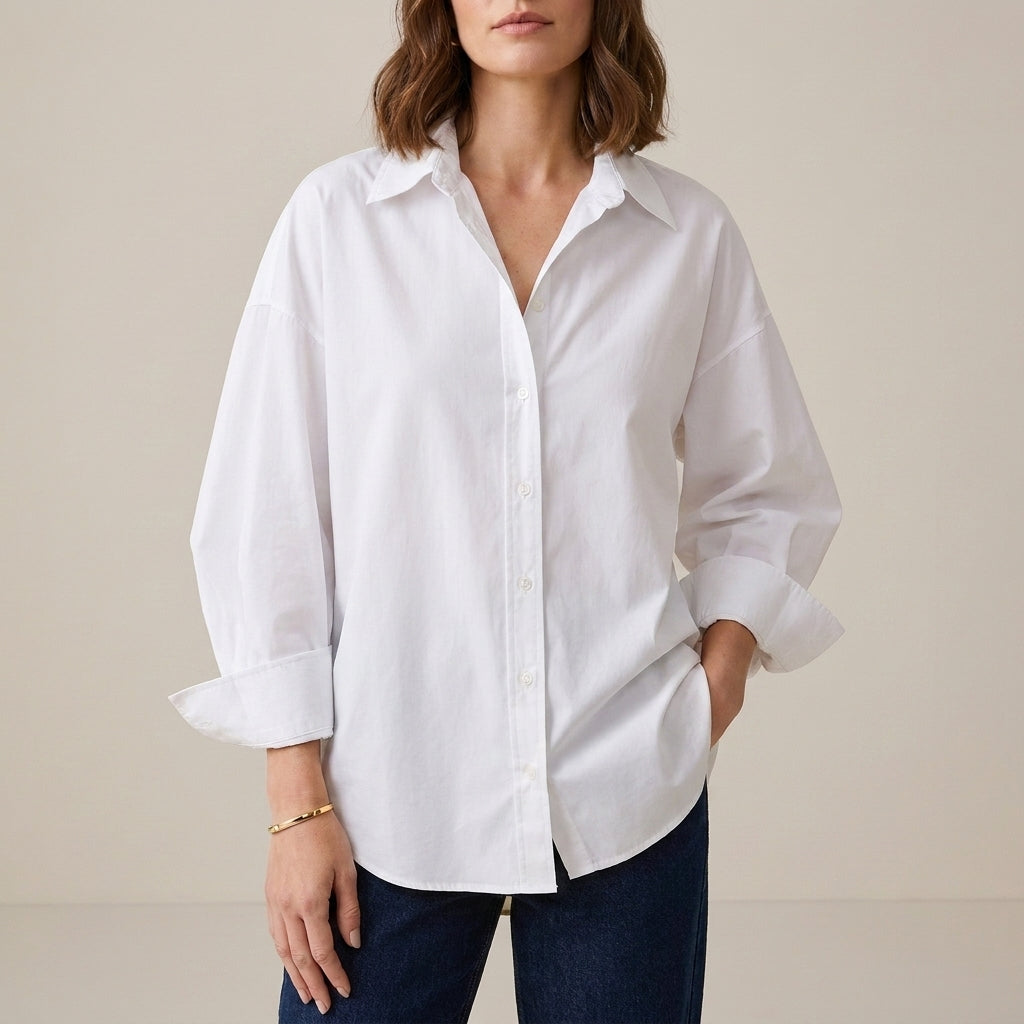 White linen summer top for women with button front, stylish and lightweight from Christine Brewer, perfect for warm weather.