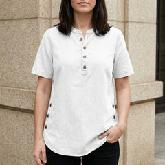 White denim summer top for women by Christine Brewer featuring a button-front design and casual sleeveless style.