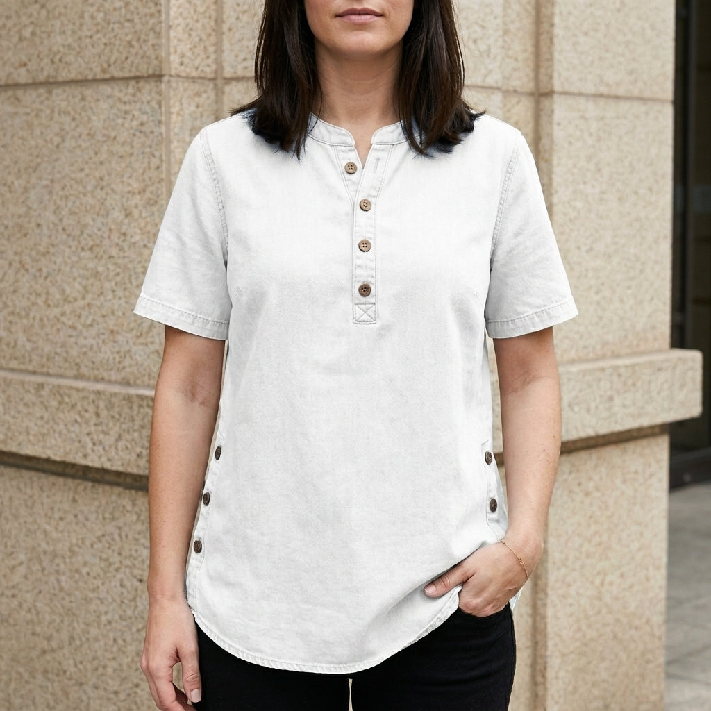 White denim summer top for women by Christine Brewer featuring a button-front design and casual sleeveless style.