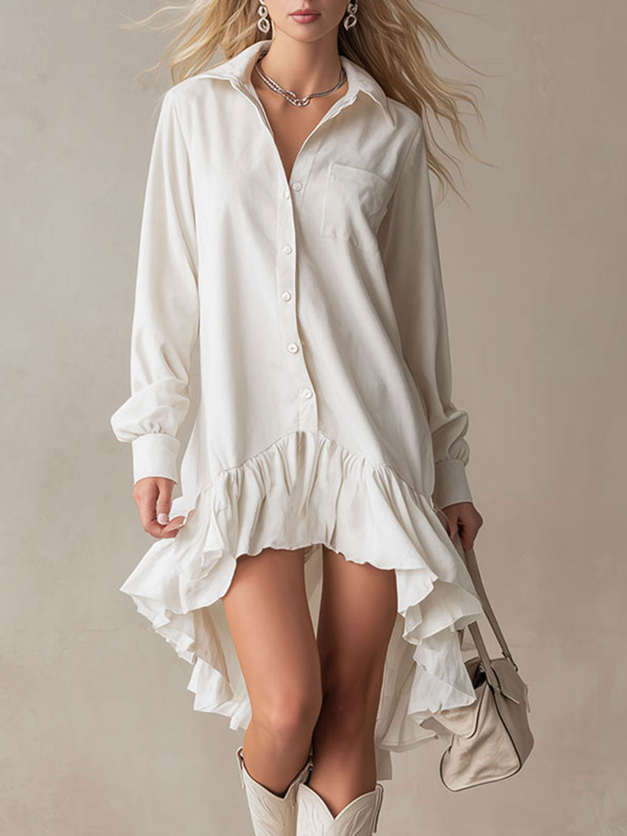 White denim ruffle midi dress by Christine Brewer, featuring a stylish ruffled design and a classic evening dress silhouette.