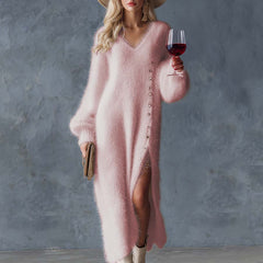 White knit V-neck midi dress for women by Christine Brewer, featuring a fitted V-neck design and soft knit fabric.