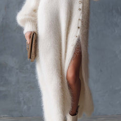 White knit V-neck midi dress for women by Christine Brewer, featuring a fitted silhouette and soft, textured fabric.